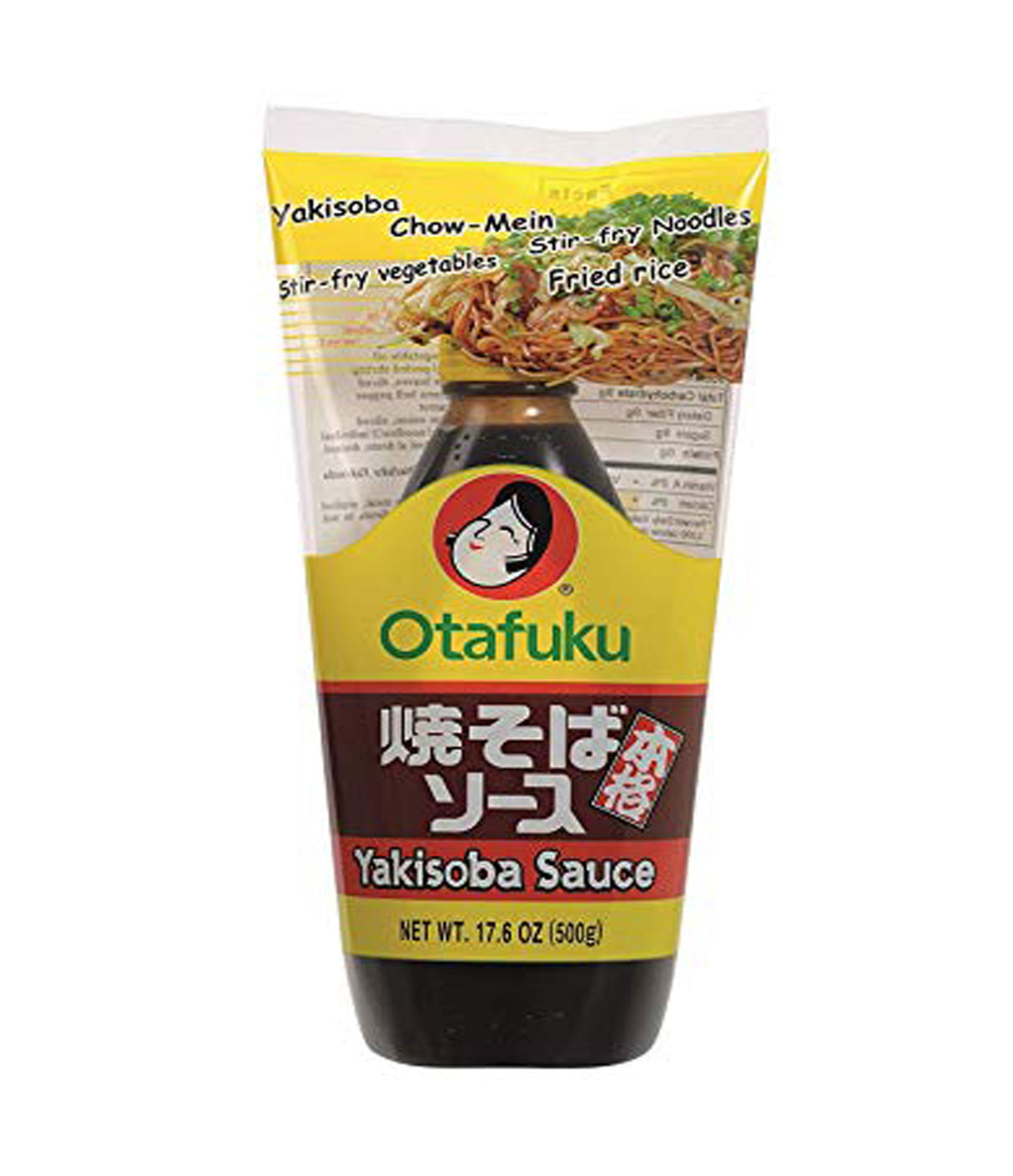 A packaged bottle of Otafuku Yakisoba Sauce with Japanese text and an image depicting a dish using the sauce.