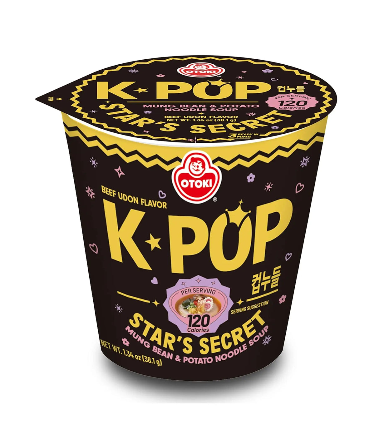 K-POP Star's Secret noodle soup cup with black and yellow packaging on a white background
