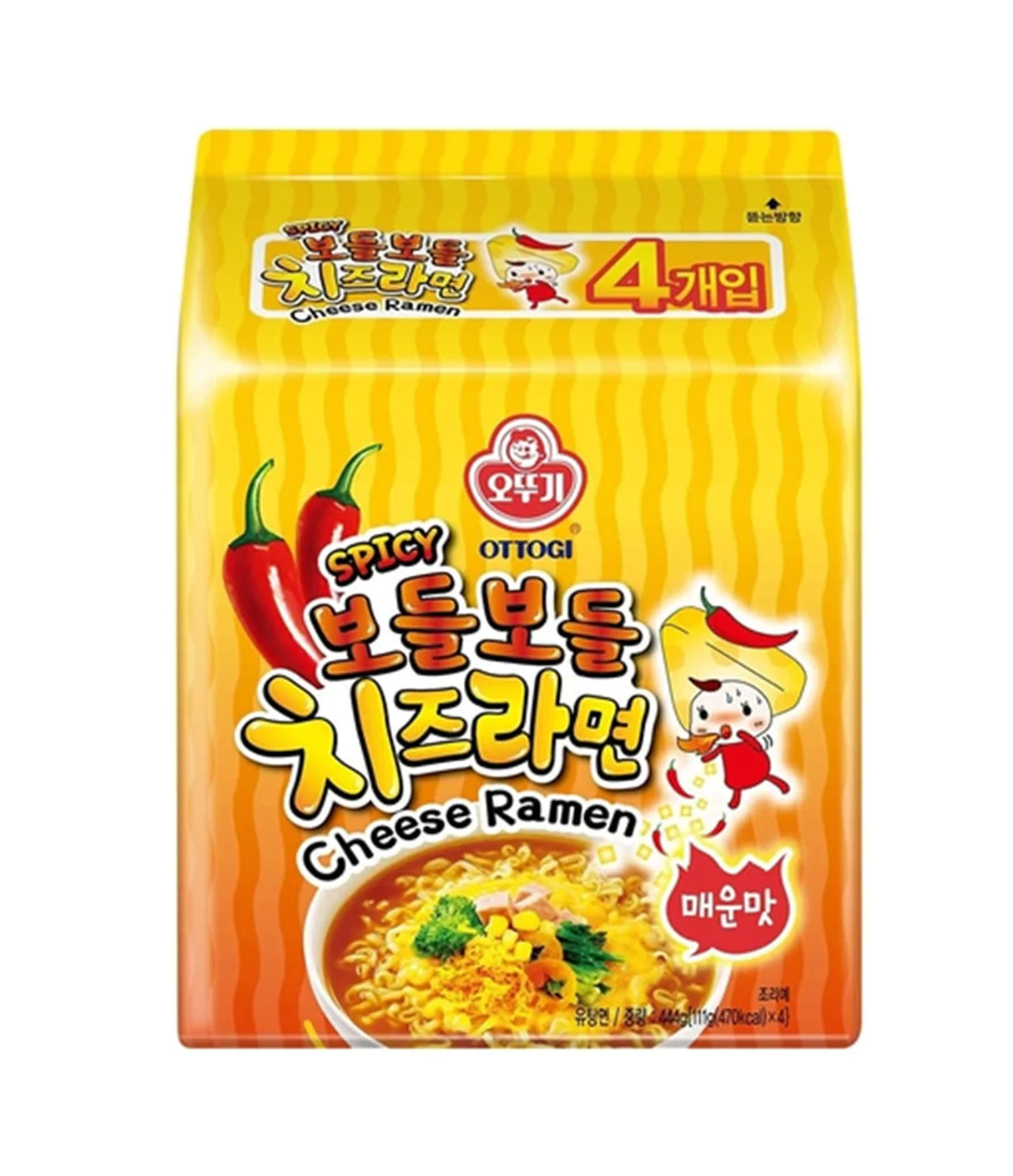 Packaging of Ottogi Spicy Cheese Ramen showing the product name, image of the noodles with cheese and vegetables, and a cartoon character.