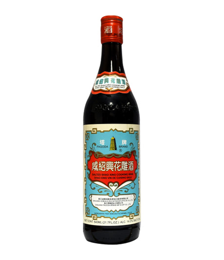 Bottle of Pagoda Salted Shao Xing Cooking Wine with label in blue and red colors