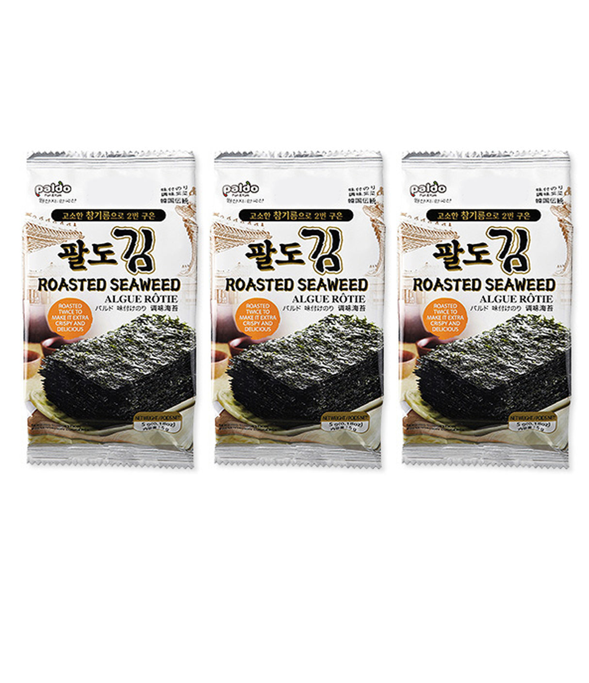 Three packages of Paldo Roasted Seaweed, each package contains 5g of product.