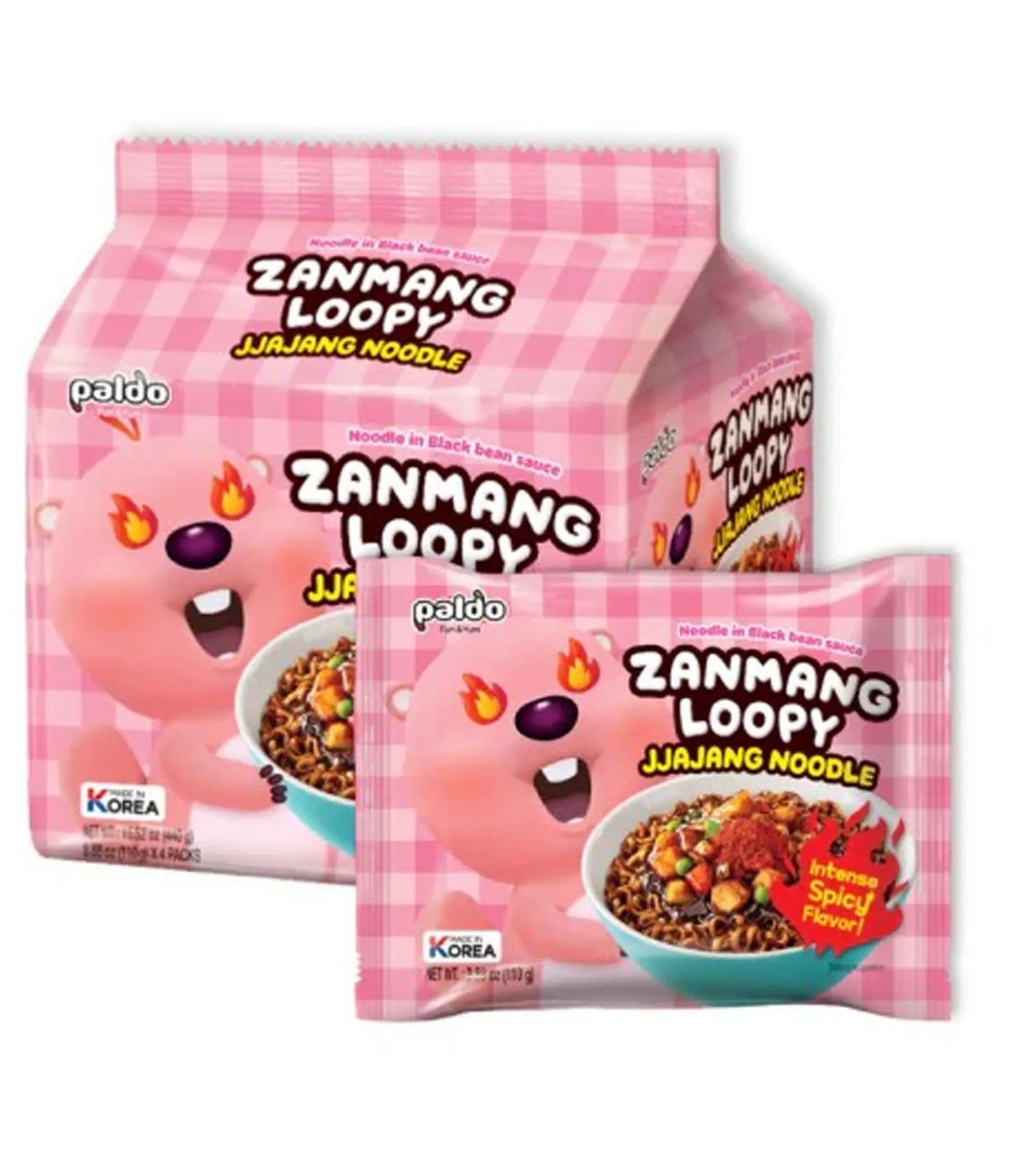 Two packages of Zanmang Loopy Jjajang Noodle with a pink checkered pattern on a white background.