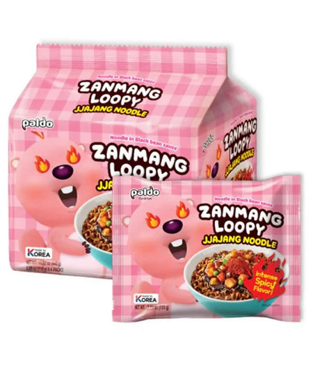 Two packages of Zanmang Loopy Jjajang Noodle with a pink checkered pattern on a white background.