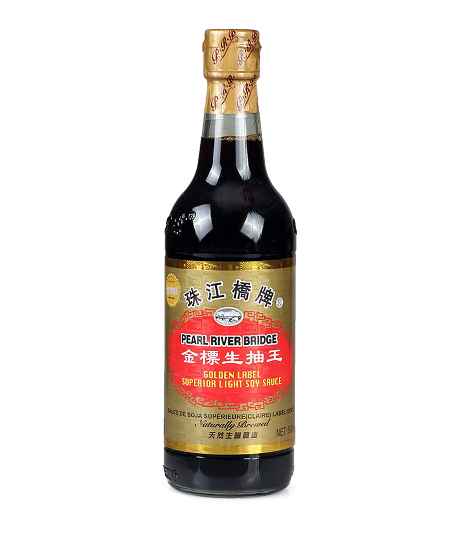 A bottle of Pearl River Bridge Superior Light Soy Sauce with a label indicating it is a product of China.