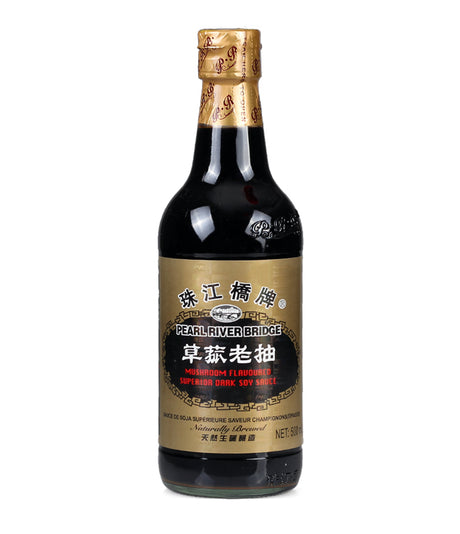 A bottle of Pearl River Bridge mushroom flavor dark soy sauce with a label in Chinese characters and English text.