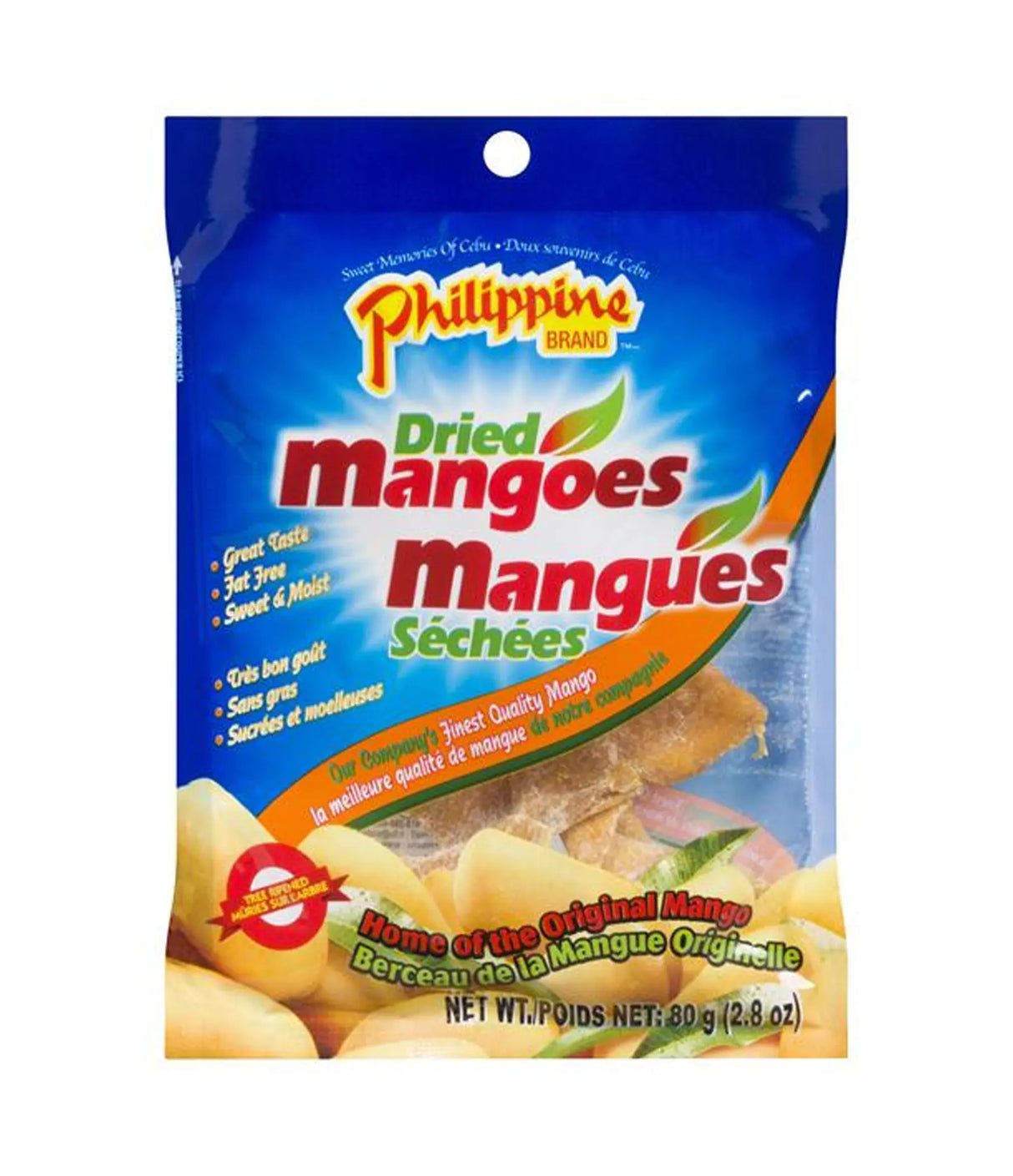 A bag of Philippine Brand Dried Mangoes (Mangues SΓ©chees) on a plain white background. The packaging is primarily blue with orange and red text, and shows pictures of the golden-yellow dried mango slices.