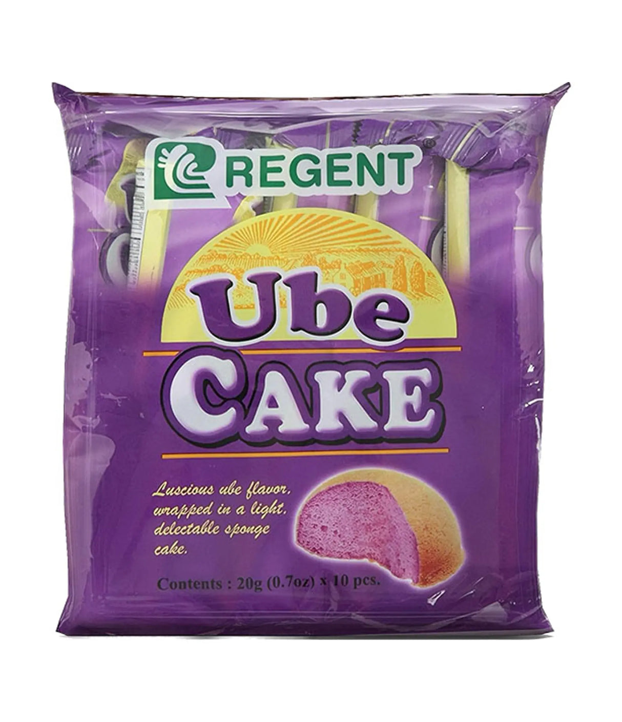 Packaging of Regent Ube Cake on a white background