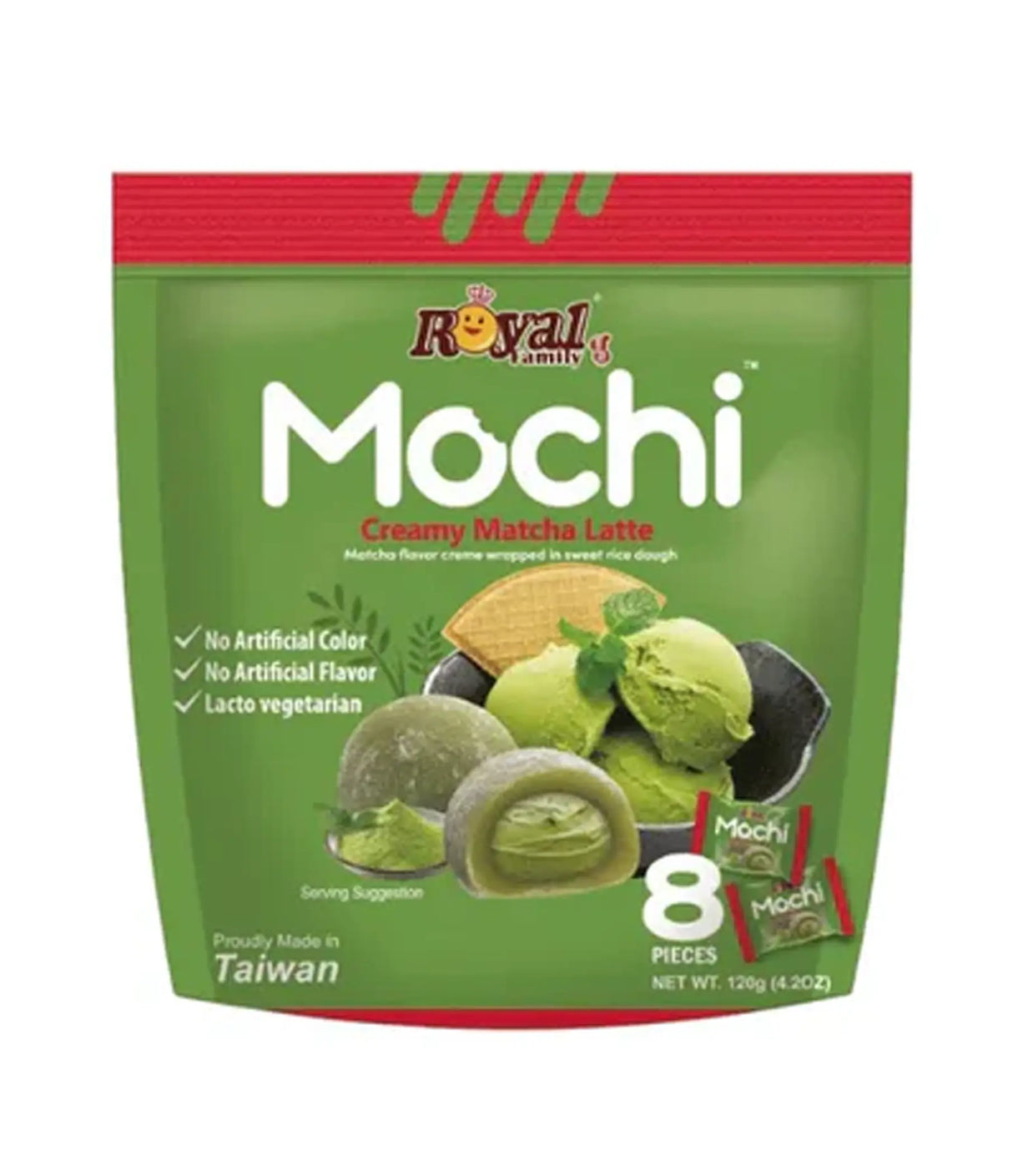 Green package of Royal Family Mochi Creamy Matcha Latte with images of mochi on a white background