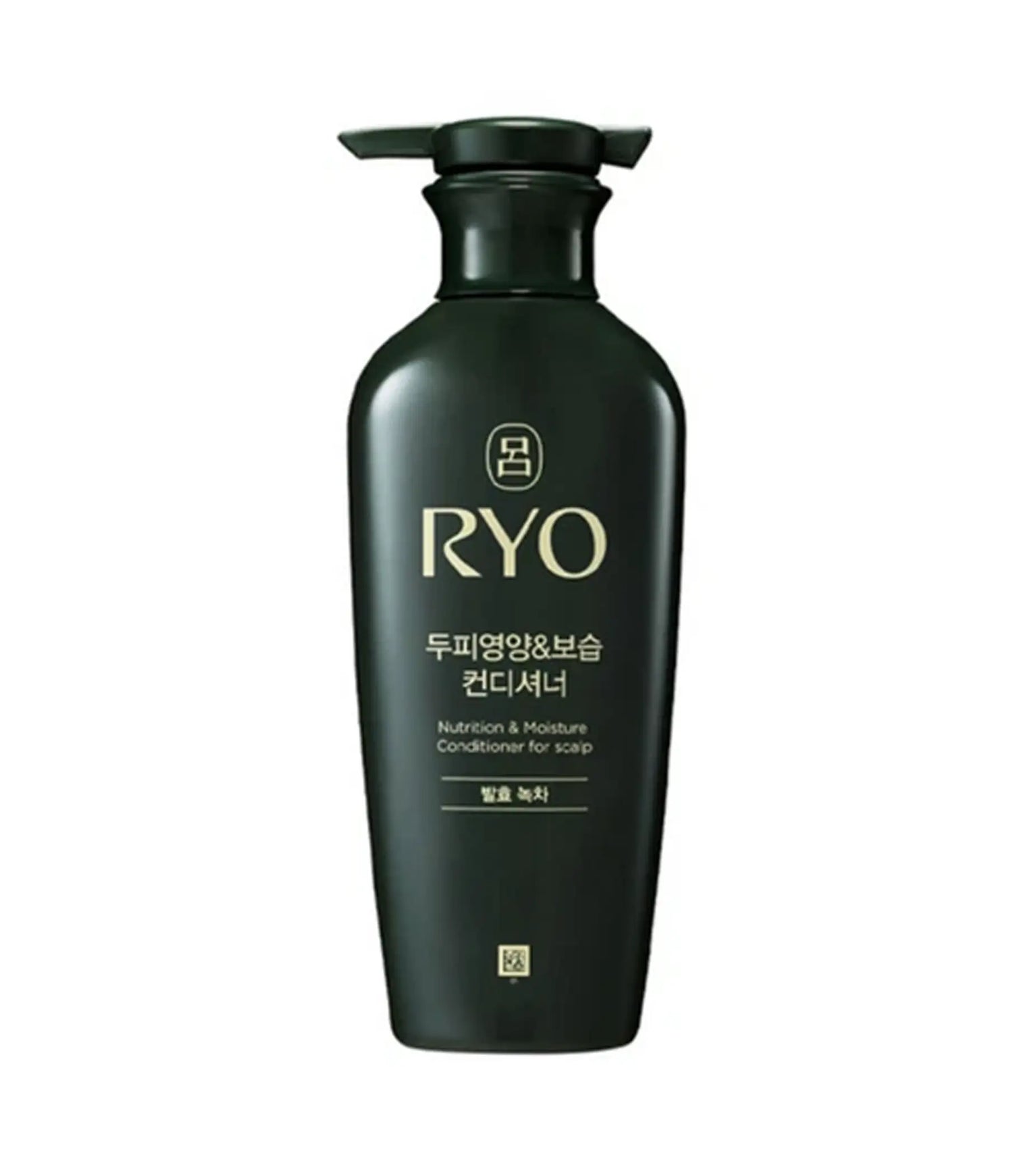Black bottle of RYO conditioner on a white background