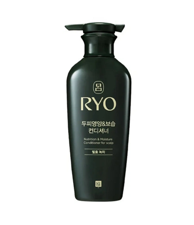Black bottle of RYO conditioner on a white background
