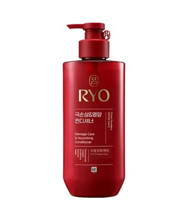 Red bottle of RYO conditioner with pump on a white background