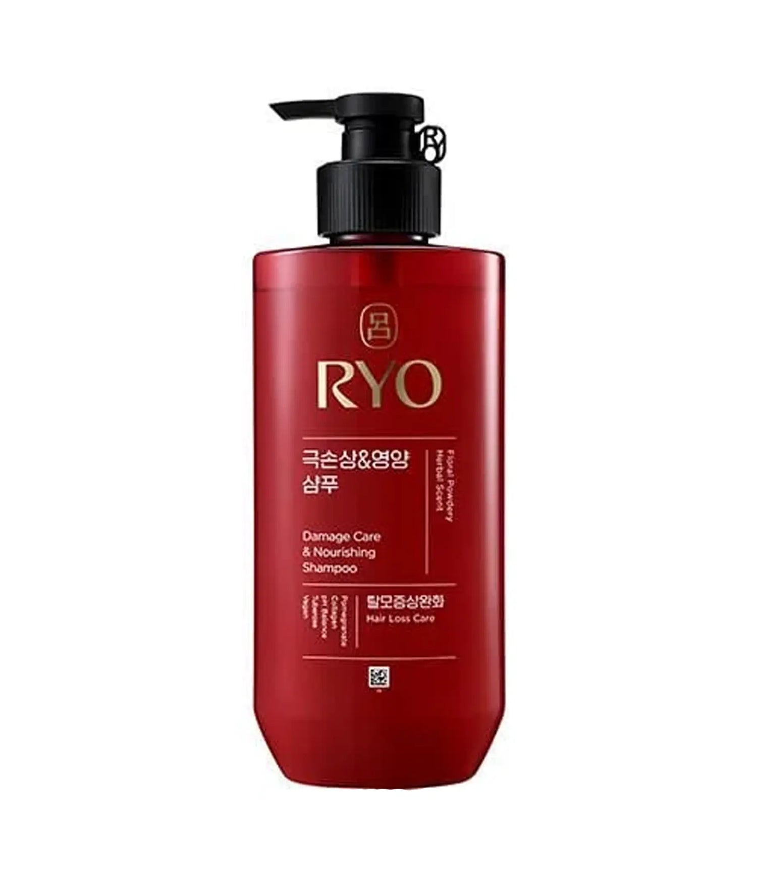 Red shampoo bottle with pump labeled 'RYO' on a white background