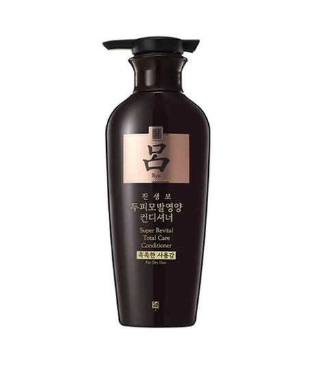 Brown bottle of Ryo Super Revital Total Care Conditioner on a white background