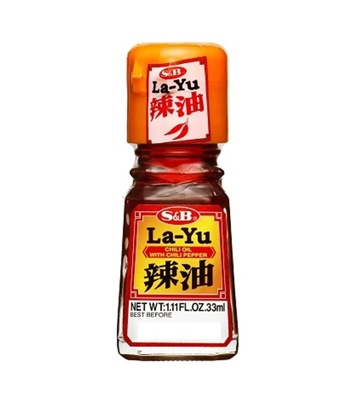 A bottle of S&B La-Yu Chili Oil with Japanese labelling, predominantly red and white in color.