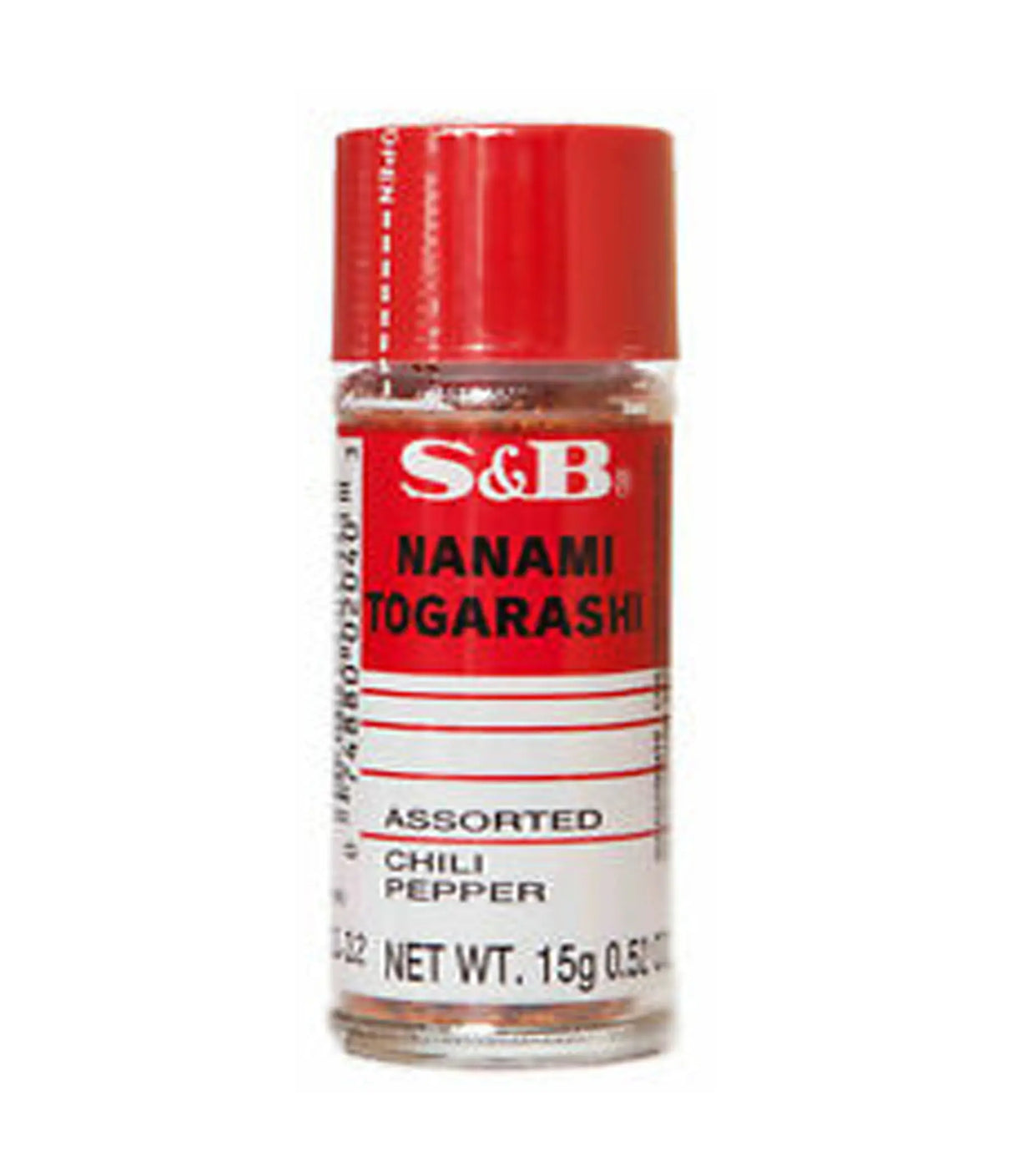 A bottle of S&B Nanami Togarashi, an assorted chili pepper seasoning product of Japan, in a clear container with a red cap.