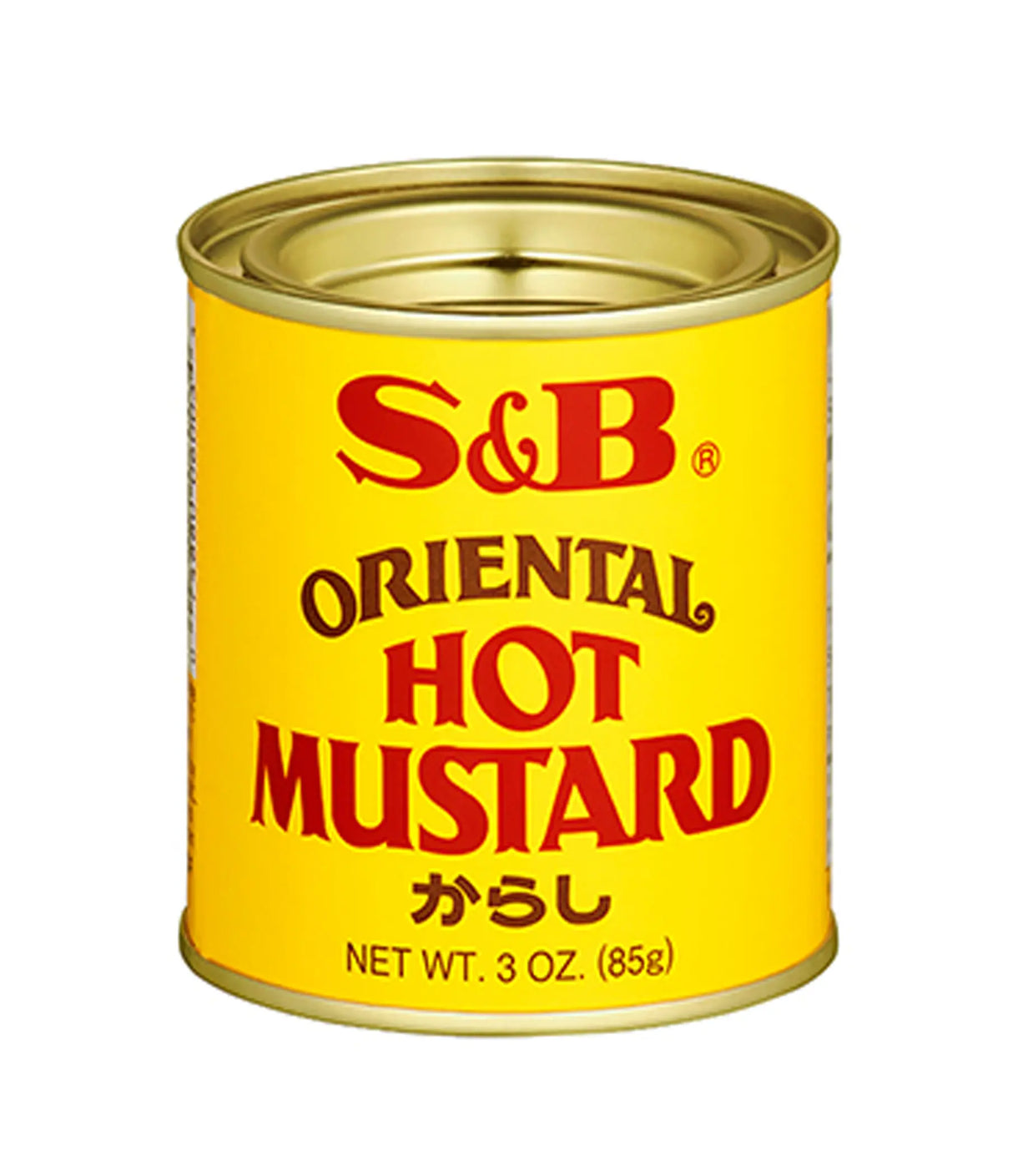 A can of S&B Oriental Hot Mustard, with yellow labeling and red text, against a white background.