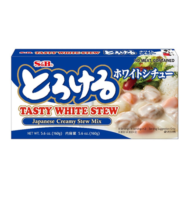 Packaging of S&B Tasty White Stew, showing the product name, an image of the stew, and ingredients like Hydrogenated vegetable oil, Wheat flour, Dextrin, and others.