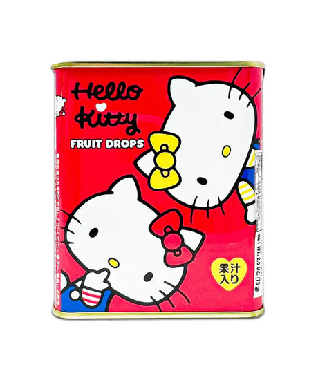 Red can of Hello Kitty Fruit Drops with cartoon characters on a white background