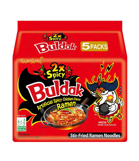 Packaging for Samyang Spicy Chicken Buldak Noodles showing the brand logo, product name, and an illustration of a bowl of noodles with chicken.