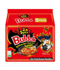 Packaging for Samyang Spicy Chicken Buldak Noodles showing the brand logo, product name, and an illustration of a bowl of noodles with chicken.