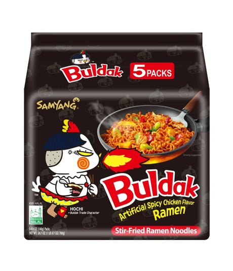 Packaging for Samyang Spicy Chicken Buldak Noodles showing an illustration of a character eating noodles and the text indicating it is a product of Korea, containing 5 packs, and is a stir-fried ramen noodle.
