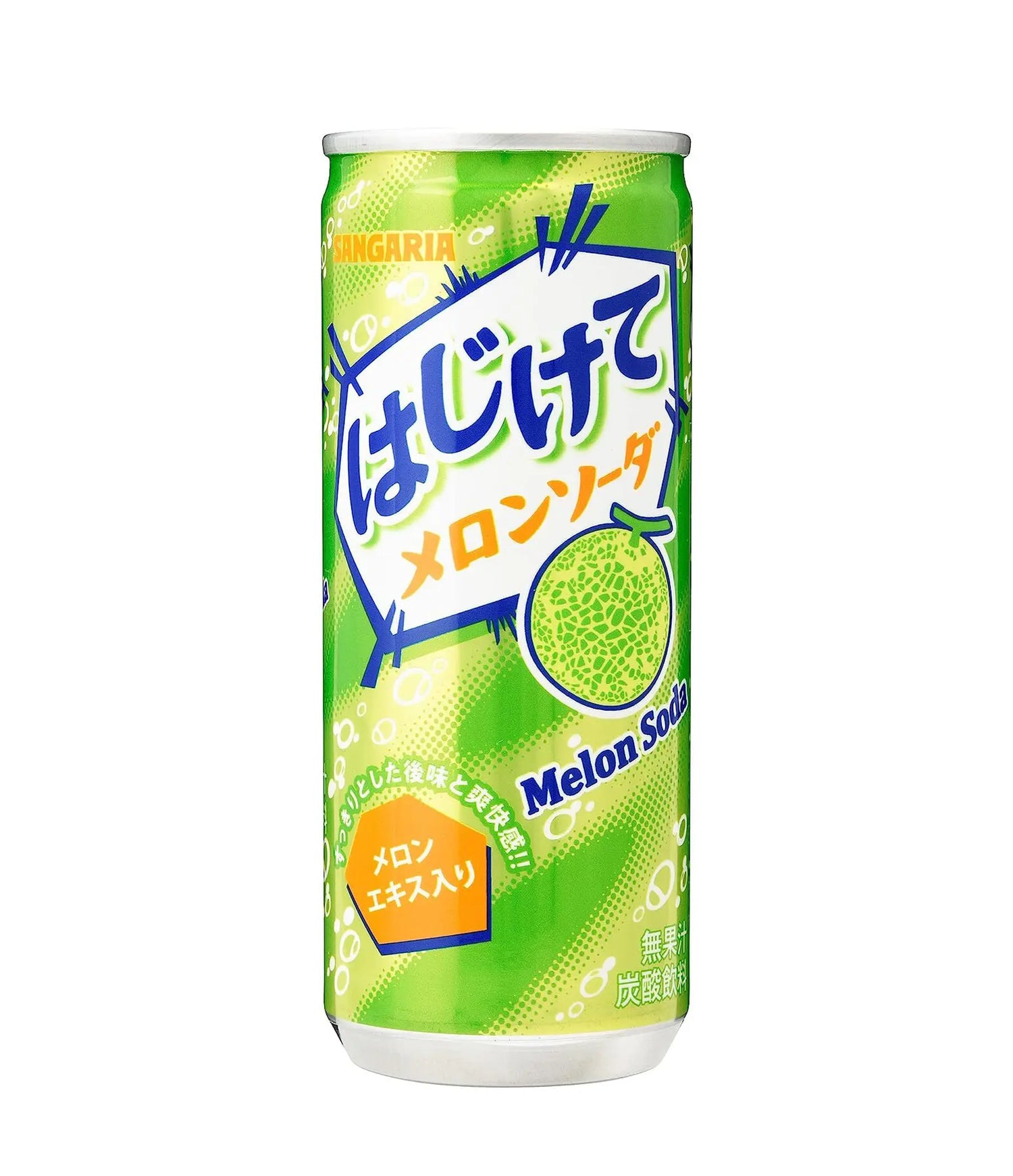 A can of Sangaria Hajikete Soda with melon flavor, predominantly green in color with Japanese text and a picture of a melon.
