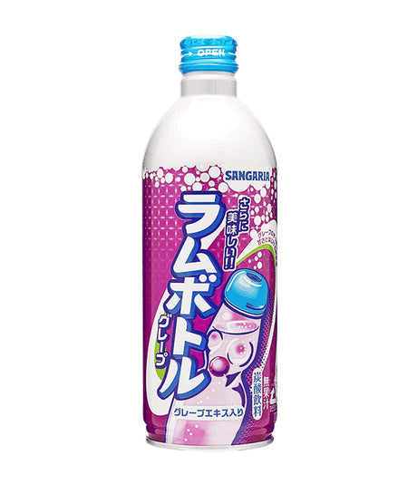 A bottle of Sangaria Ramu Carbonated Drink with grape flavor, 500ml, with Japanese text on the label.