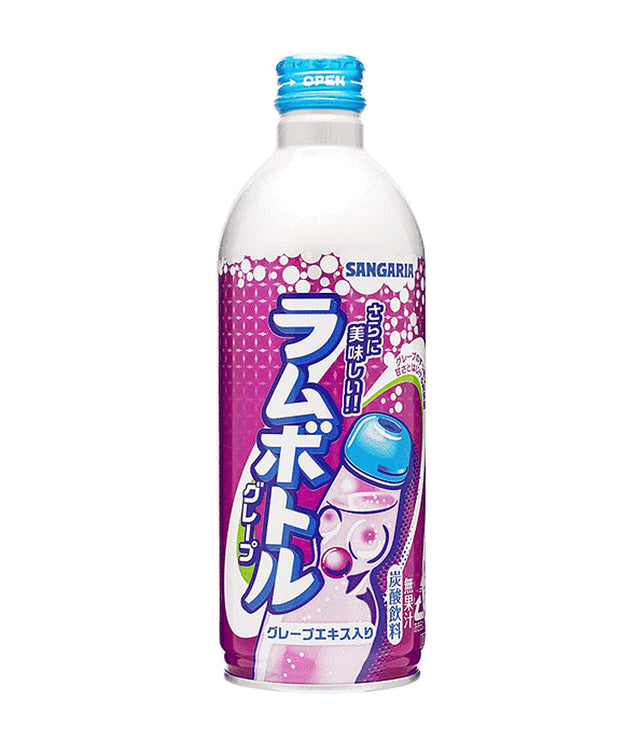 A bottle of Sangaria Ramu Carbonated Drink with grape flavor, 500ml, with Japanese text on the label.