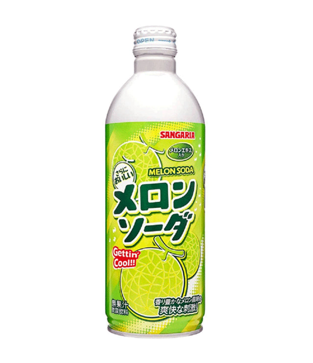 A bottle of Sangaria Ramu Carbonated Drink with melon flavor, 500ml, with Japanese text on the label.