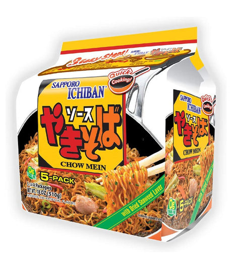 Packaging for Sapporo Ichiban Chow Mein Japanese Style Noodles showing the product name, image of the noodles, and the phrase 'Pan fried noodles with a salty sweet taste'.