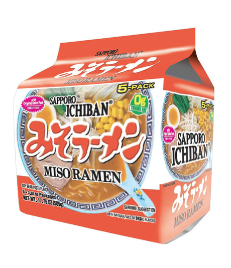 Packaging for Sapporo Ichiban Miso Ramen, showing a red and yellow package with images of the noodles and miso soup, and text indicating it is a 5-pack of 101g servings.