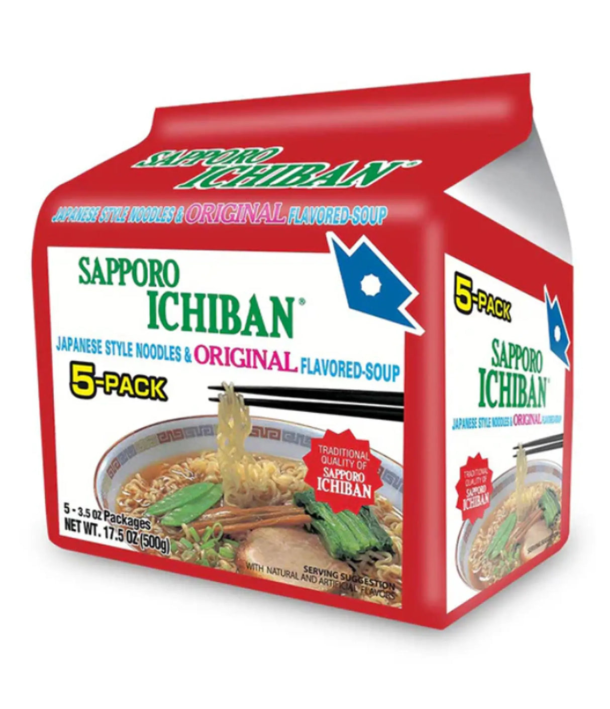 Packaging of Sapporo Ichiban Original Japanese Style Noodles showing a bowl of noodles with soup and the text indicating a 5-pack of 100g servings.