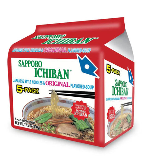Packaging of Sapporo Ichiban Original Japanese Style Noodles showing a bowl of noodles with soup and the text indicating a 5-pack of 100g servings.