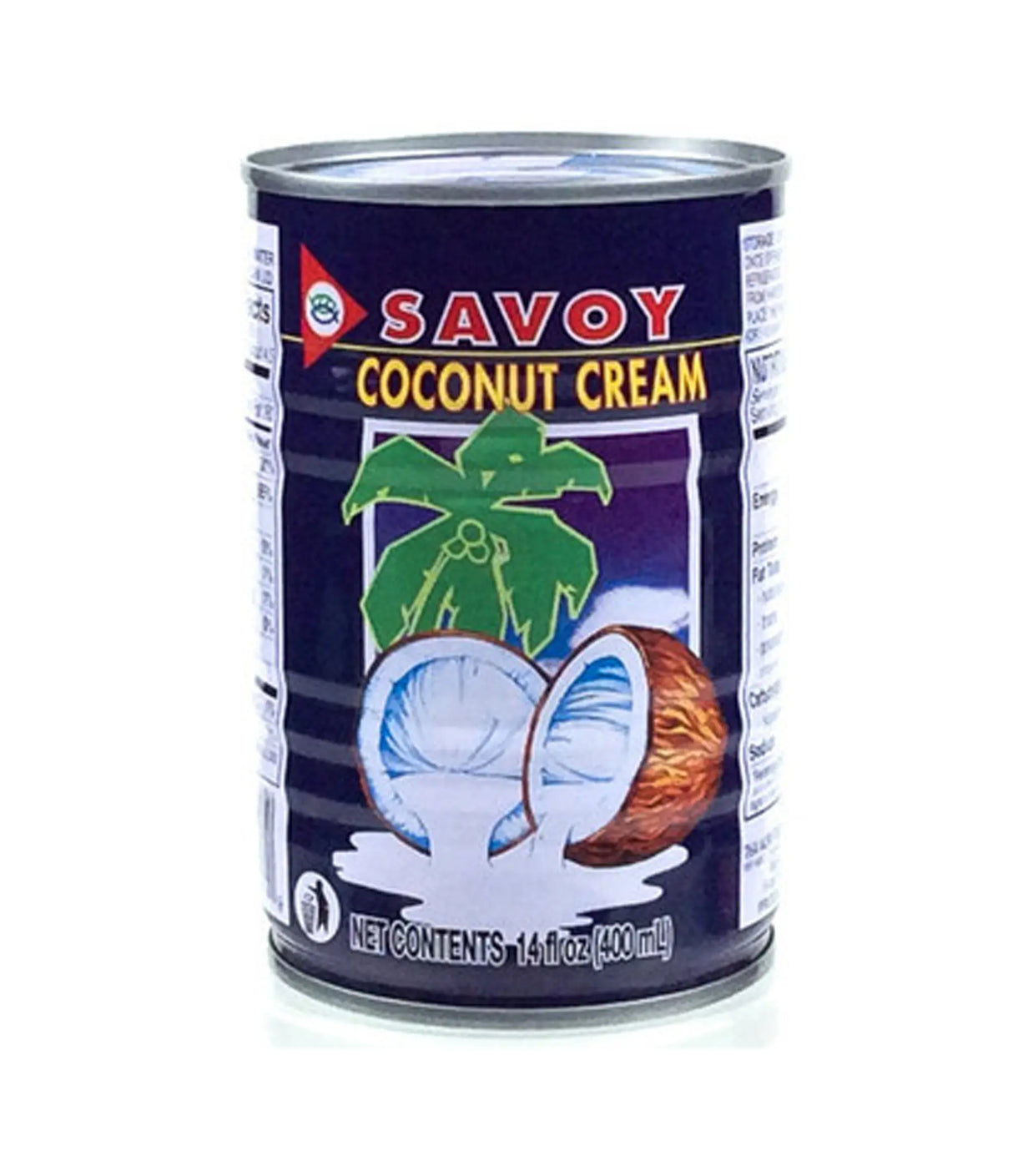 A can of Savoy Coconut Cream, 400ml, with a label showing a graphic of a coconut and leaves.
