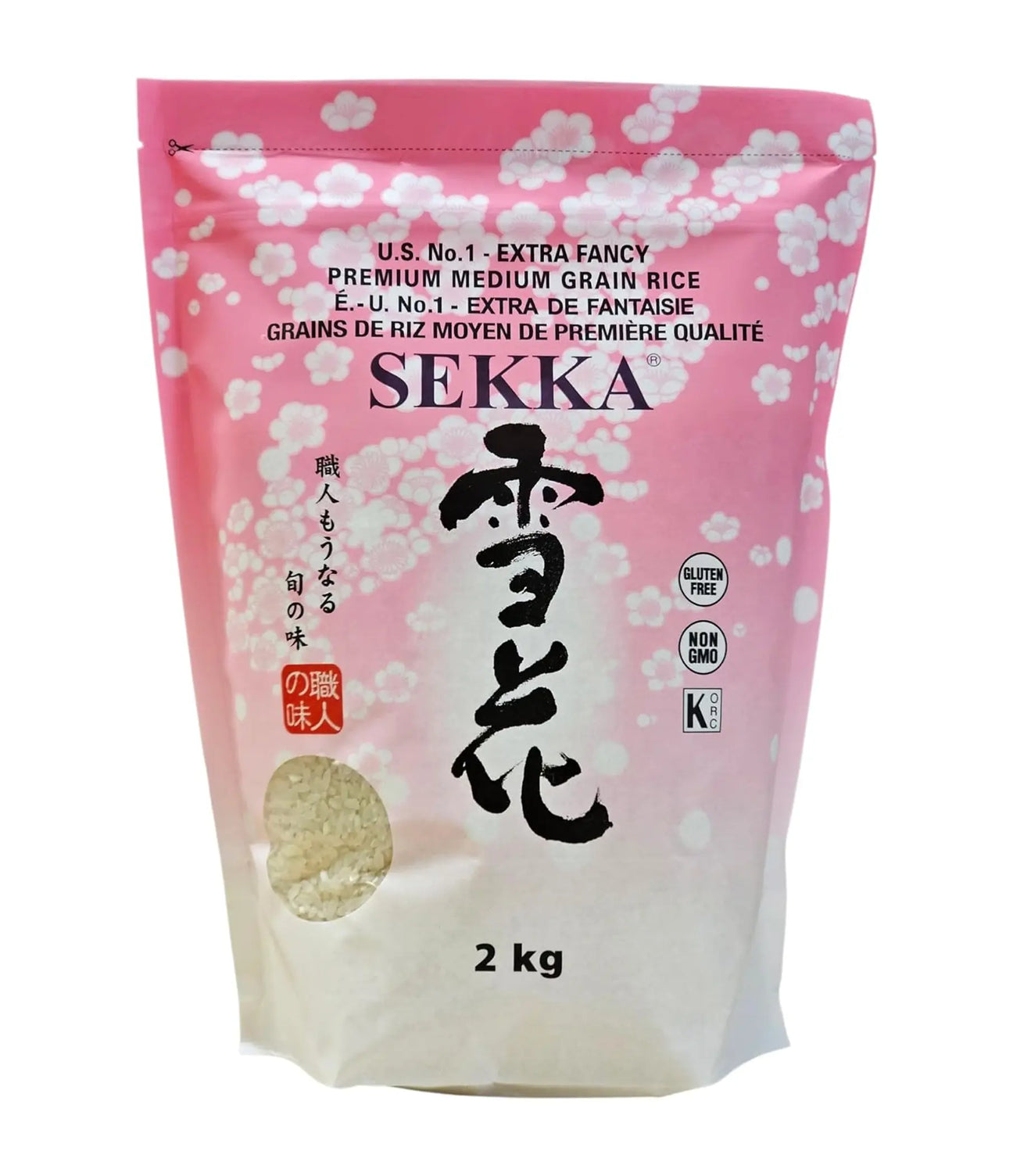 Pink packaging of SEKKA rice with cherry blossom design on a white background