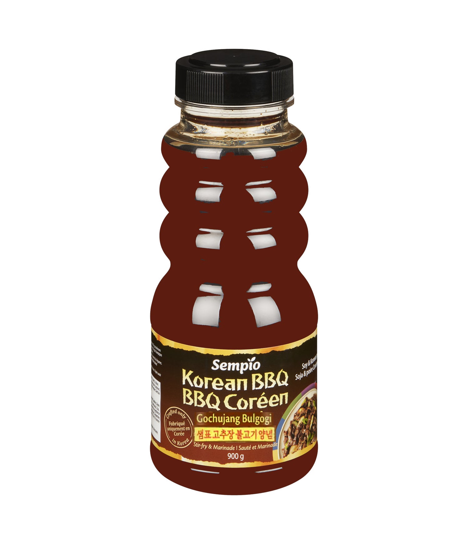 A bottle of Sempio Korean BBQ Marinade (Gochujang Bulgogi) sauce, 900g size, with a label displaying the product name and Korean branding.