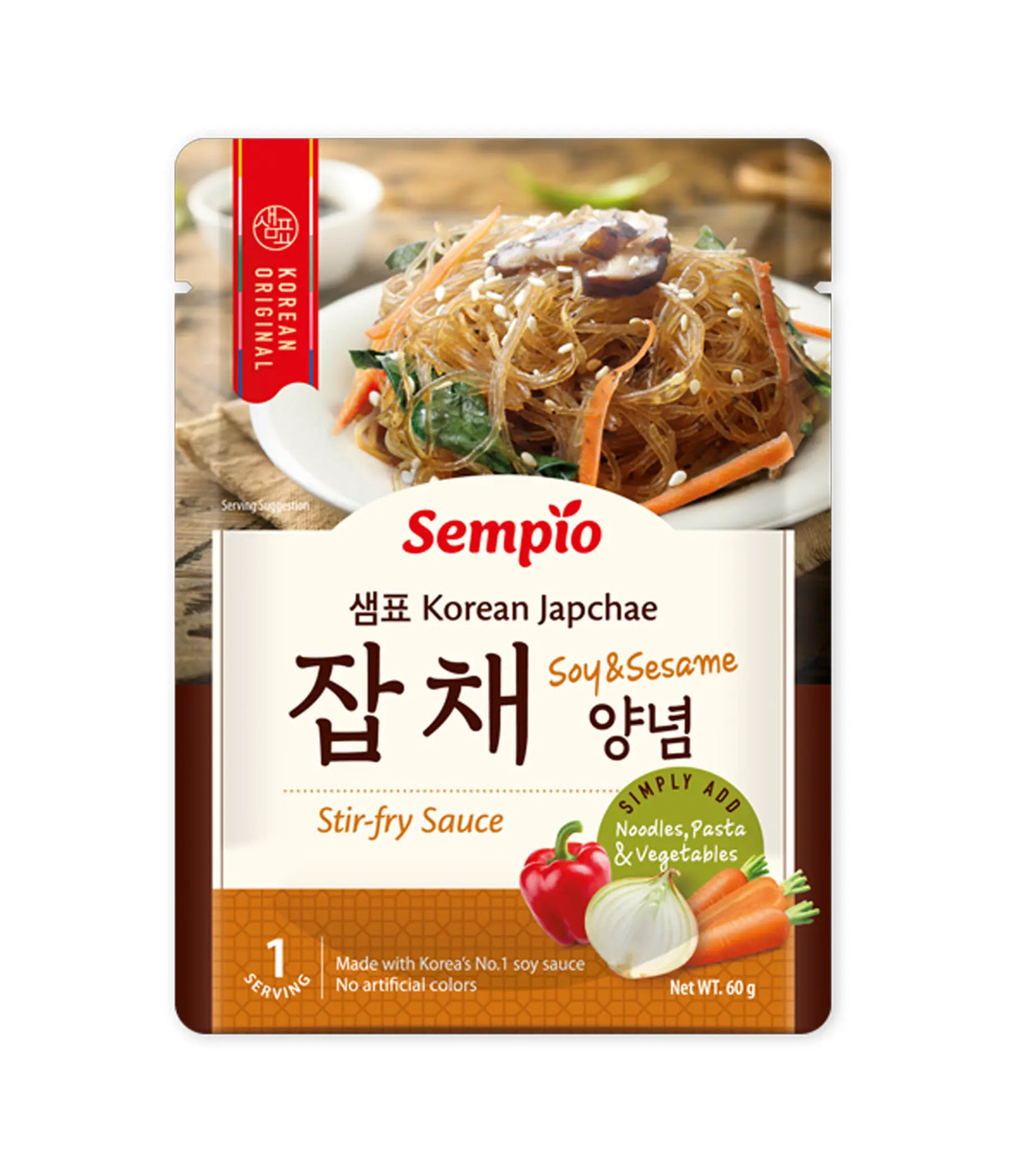 Sempio Korean Japchae Stir-fry Sauce package with noodles and vegetables on a white background
