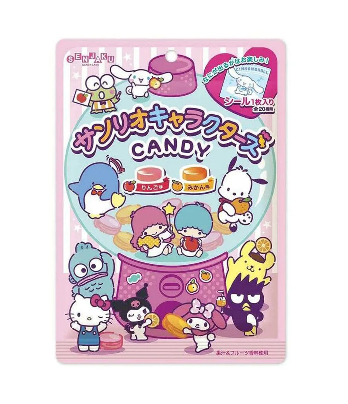 Cartoon character-themed candy package with colorful design on a pink background