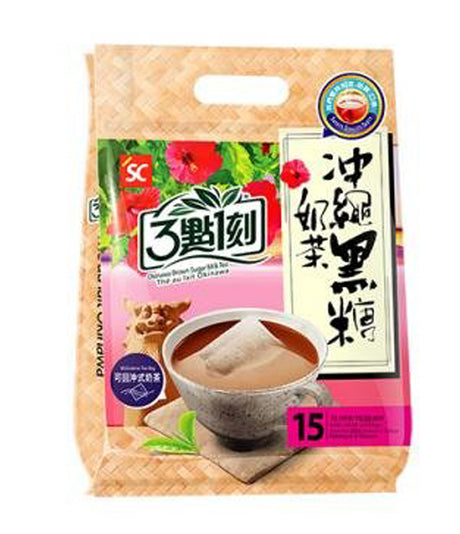 Packaging of Shih Chen 3:15pm Okinawa Brown Sugar Milk Tea showing the product name, count, and a cup of milk tea with brown sugar.