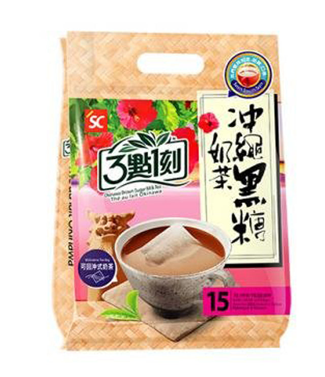 Packaging of Shih Chen 3:15pm Okinawa Brown Sugar Milk Tea showing the product name, count, and a cup of milk tea with brown sugar.
