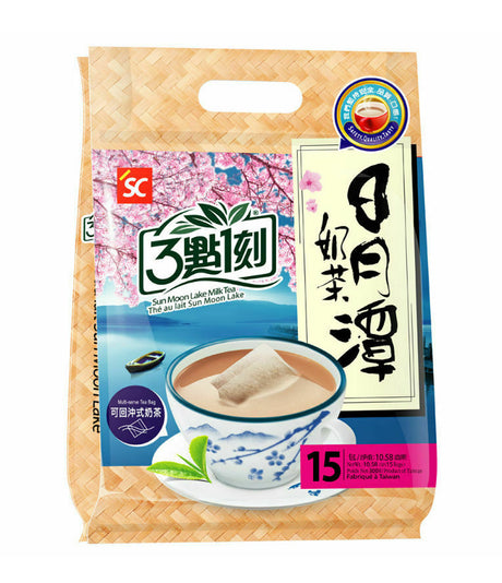 Packaging of Shih Chen 3:15pm Sun Moon Lake Milk Tea showing a cup of milk tea and cherry blossoms, indicating it is a product of Taiwan.
