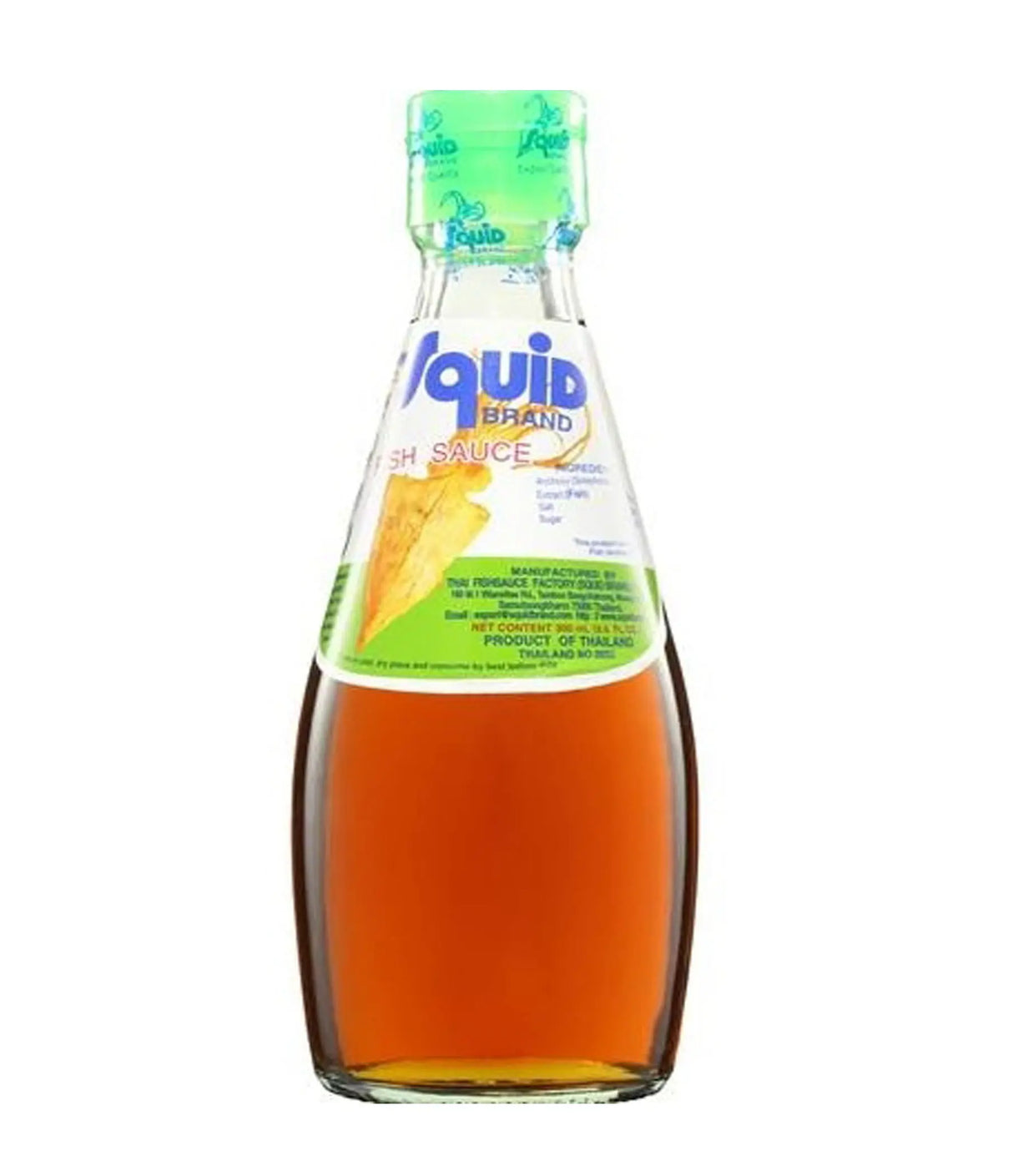 A bottle of Squid brand fish sauce, 300ml, with a label indicating it is a product of Thailand.