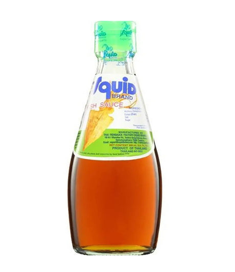 A bottle of Squid brand fish sauce, 300ml, with a label indicating it is a product of Thailand.
