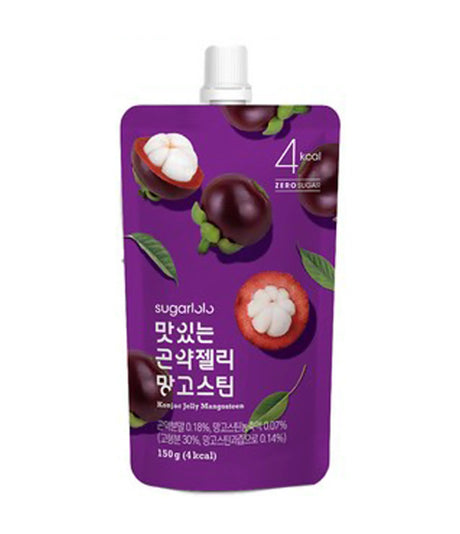 A pouch of Sugarlolo Konjac Jelly with Mangosteen flavor, displaying the product name, weight of 150g, and images of mangosteen fruits.