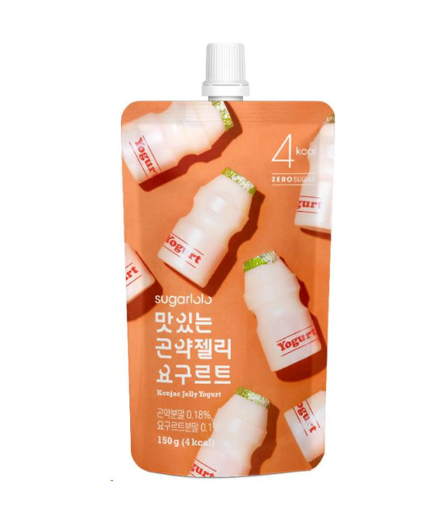 Packaging of Sugarlolo Konjac Jelly (Yogurt) 150g, predominantly orange with images of the jelly pieces, and Korean text.