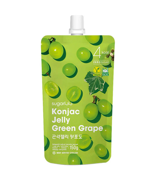 Konjac Jelly Green Grape pouch with green grapes and leaf design on a white background
