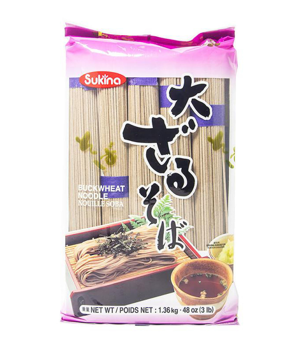 Packaging of Sukina Buckwheat Noodle showing the product name, weight, and an image of the noodles. The package is predominantly pink with purple and white accents.