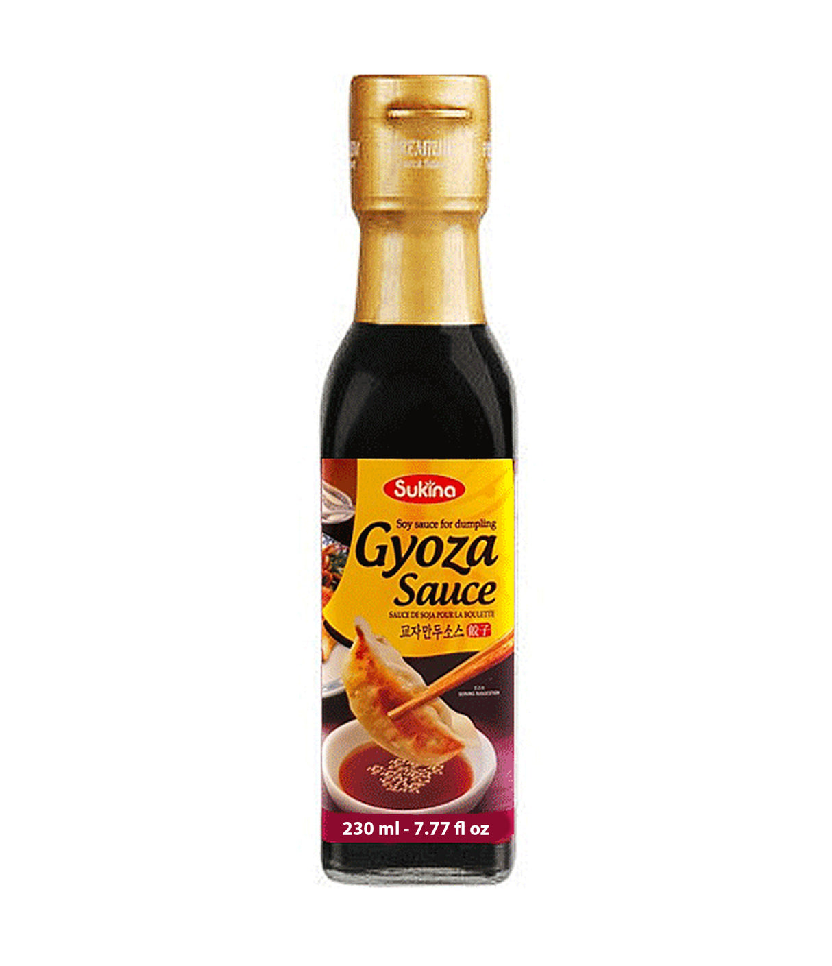 Bottle of Sukina Gyoza Sauce with a label indicating it is a product of Korea, soy sauce based, and 230ml in size.