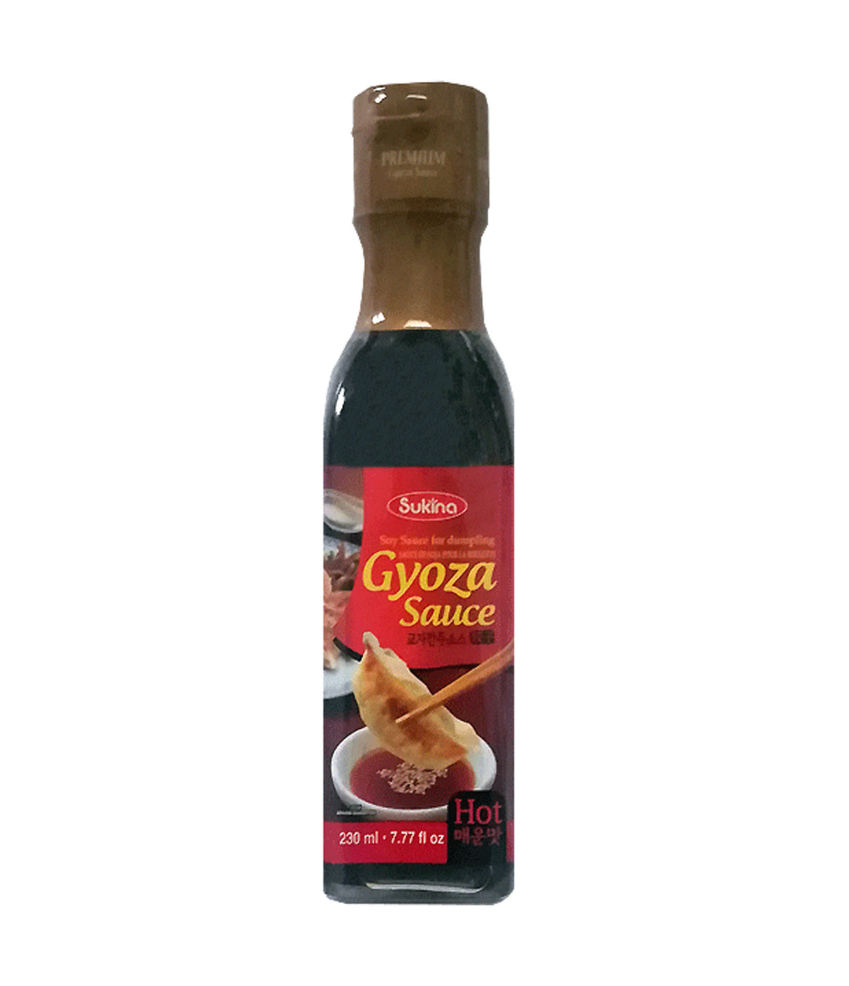 Bottle of Sukina Gyoza Sauce (Hot) 230ml with a label indicating it is a product of Korea, soy sauce based.