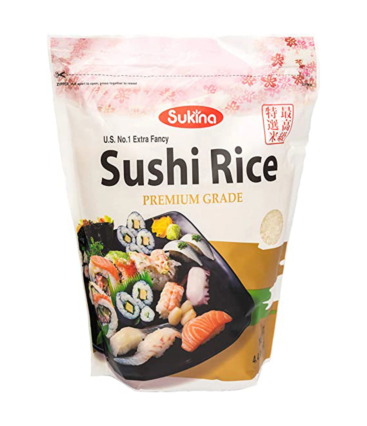 A package of Sukina Sushi Rice 2kg, featuring an image of sushi and rice grains, with product information and branding visible.
